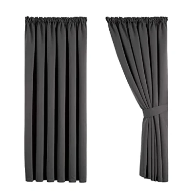 Image of Aspire Homeware Blackout Curtains 90x90 Pencil Pleat Grey for Bedroom Thermal Insulated Super Soft Tape Top Living Room Black Out Curtain with Tiebacks, Pair Panel