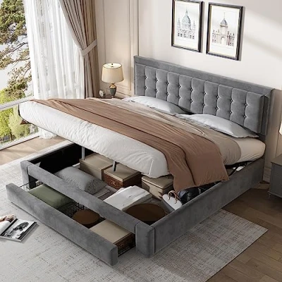 Image of Merax Upholstered Hydraulic Lift, Frame with Slats, Headboard and Large Storage Space, Functional Ottoman Bed, Elegant Finish, Style 03 Velvet Grey 6ft, 180x200cm