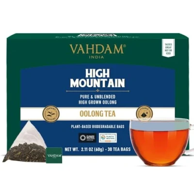 Image of VAHDAM, High Mountain Oolong Tea Bags (30 Count) Non GMO, Gluten Free Naturally Grown Leaves Light &amp; Floral Individually Wrapped Pyramid Direct from Source