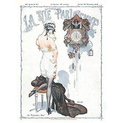Image of Artery8 La Vie Parisienne New Year Cuckoo Clock Magazine Cover Art Print Canvas Premium Wall Decor Poster Mural