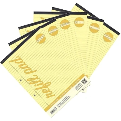 Image of RHINO Stationery Yellow Paper A4 Refill Pad 50 Leaf/100 Page 8mm Ruled with Margin Pack of 6 Ideal Writing for Dyslexia &amp; Other SEN