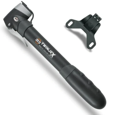 Image of SKS GERMANY TWINJEX mini pump, air pump bike with holder (plastic, valve connection: AV, SV, DV and MULTI VALVE, pressure max.: 10 bar / 144 PSI, dust protection cap, telescopic function), Black
