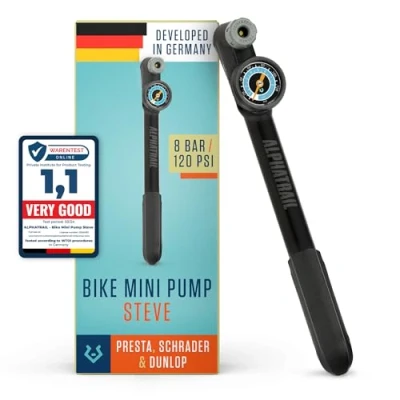Image of Alphatrail Mini Bike pump Steve for all Valves 120 PSI / 8.3 Bar maximum Pressure I Large Gauge (1.5&quot;) Ergonomic T Handle Presta, Schrader &amp; Dunlop Valve