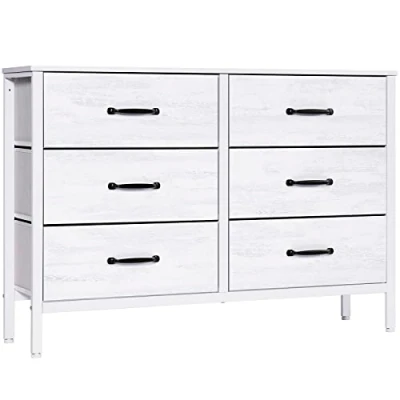Image of LYNCOHOME Bedroom Chest of Drawer White, Fabric Storage Easy to Assemble, 6 Drawers Wide Dresser with Deep and Large for Bedroom, Closet