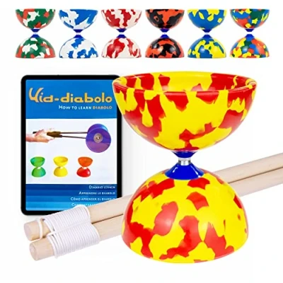 Image of Juggle Dream Jester Diabolo Set Fixed Axle Professional with Wooden Handsticks and Online Learning Video Juggling Toy (Red/Yellow)