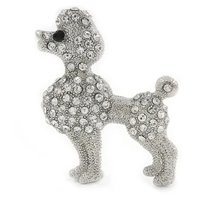 Image of Avalaya Silver Tone Clear Crystal Poodle Dog Brooch 40mm Width
