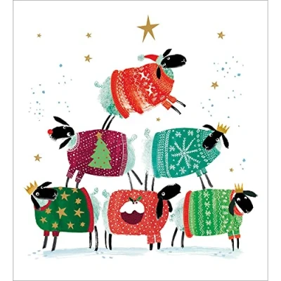 Image of Woodmansterne Artistic Charity Christmas Cards Tower of Sheep Wearing Woolly Jumpers Eco Friendly &amp; Recyclable Pack 5