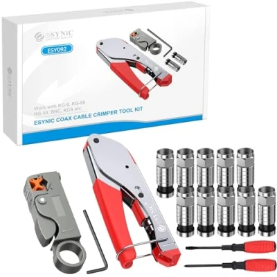 Image of eSynic Professional F Type Compression Crimping Tool Coax Cable Crimper Kit for RG6 with 10pcs Crimp Connectors a Rotary Coaxial Cutter and 2Pcs Screwdrivers