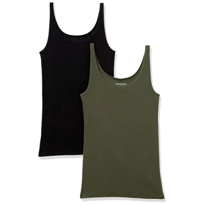 Image of Amazon Essentials Women&#039;s Slim Fit Thin Strap Tank Top, Pack of 2, Black/Olive, XL