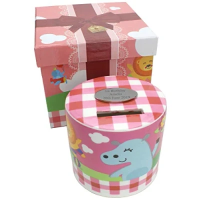 Image of Go Find A Gift Personalised Engraved Pink Animal Patterned Ceramic Money Box