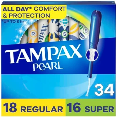 Image of Tampax Pearl Tampons Multipack, Regular/Super Absorbency, with Leakguard Braid, Unscented, 34 Count