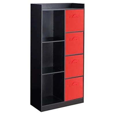Image of URBNLIVING Tall Wooden 7 Cube Bookcase Shelving Display Storage Unit Cabinet Shelves New (Black Bookcase) (Red Drawer)