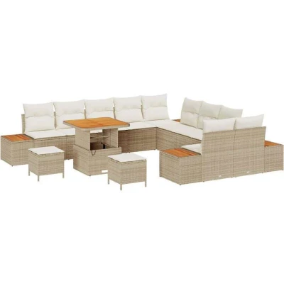 Image of vidaXL 13 Piece Garden Sofa Set with Cushions Beige Poly Rattan Acacia