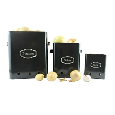 Image of Gardening Naturally Black Kitchen Storage Tins, Set of 3 For Potatoes, Onion and Garlic