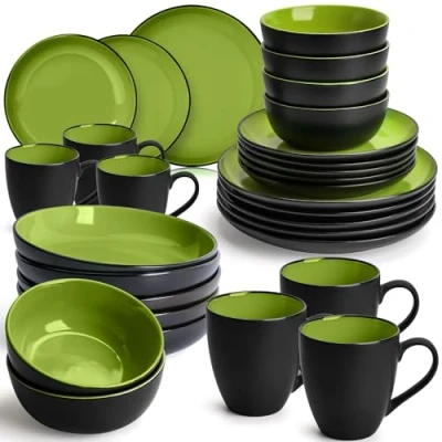 Image of MIAMIO 30 Piece, Service for 6 Dishware Set/Stoneware Dinnerware Set Including Plates, Bowls and Mugs Microwave &amp; Dishwasher Safe Le Papillon Collection (Green)
