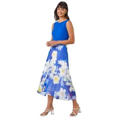 Image of Roman Originals Pleated Dress for Women UK Ladies Fit and Flare Everyday Smart Casual Work Office Meeting Wedding Guest Comfortable Round Neck Knee Length Midi Jersey Royal Blue Size 12