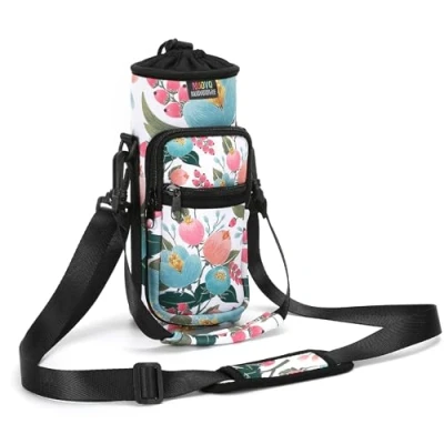 Image of Nuovoware Water Bottle Carrier Bag, 25oz/32oz Pouch Holder, Adjustable Shoulder Hand Strap 2 Pocket Sling Neoprene Sleeve Sports Accessories for Gym Hiking Travelling, Pink Rose
