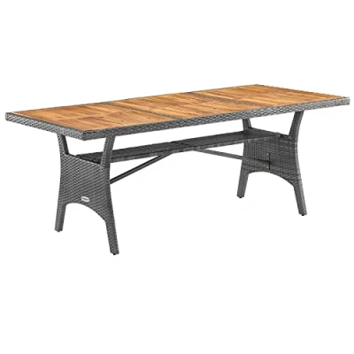 Image of CASARIA® 8 Person XL Poly Rattan Garden Table with Shelf &amp; Acacia Wood Top 190 x 90 74cm Weather Resistant Outdoor Patio Dining Furniture Lawn Deck Balcony Grey