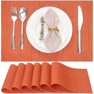 Image of Myir JUN Table Mats Set of 6, Place Placemats Washable Non slip Heat Insulation Woven Vinyl for Kitchen Dinning Restaurant 18&quot;X12&quot; (Orange)