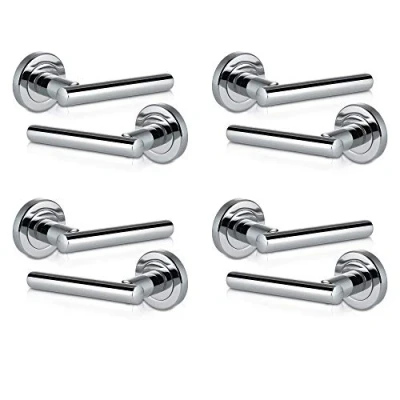 Image of XFORT 4 Pack Door Handle on Rose, Liberty Lever Handles in Polished Chrome Finish, Internal Handle, with a Standard Latch, Mortice or Bathroom Lock.