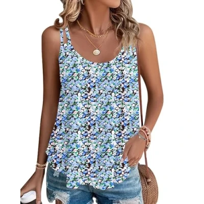 Image of WNEEDU Women Vest Sleeveless Tank Tops Floral Sea Blue L