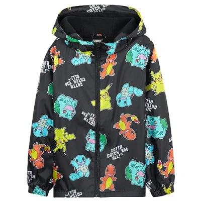 Image of Pokemon Kids Waterproof Jacket Fleece Lined Rain Coat Pikachu Official Merchandise 4 14 Years Teenagers (Black Aop, 9 10 Years)