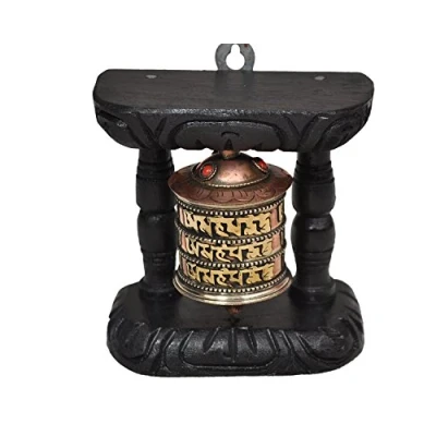 Image of Tibetan Hand Craving Wood &amp; Metal Om Mani Padme Hum Wall Hanging Prayer Wheel