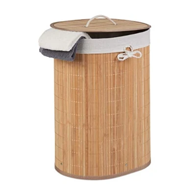 Image of Relaxdays Bamboo Laundry Basket, Oval, 46 L, Folding Hamper with Lid, Bathroom &amp; Bedroom, HWD: 55 x 42 32 cm, Natural