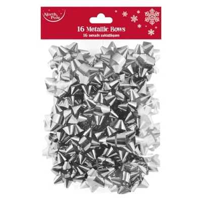 Image of Eurowrap Pack of 16 Metallic Silver Luxury Gift Bows Traditional Christmas Birthday Present Xmas for Decorative Presents