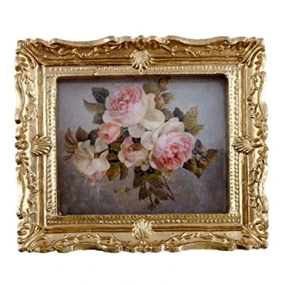 Image of Melody Jane Dolls House Miniature Bunch of Pink Roses Painting Gold Frame