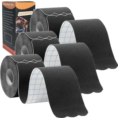Image of ANAMPION Kinesiology Tape Precut,Waterproof Sports for Athletes Physio Elastic Pain Relief Adhesive Muscles Shin Splints Ankle Knee &amp; Shoulder (Black, 3 Rolls)