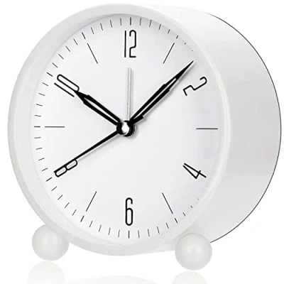 Image of Jisile Alarm Clock, 4 Inch Round Battery Operated Analog Clock Silent Non Ticking, Easy Set and Night Light Function, Simple Stylish Design for Desk/Bedroom Gift Clock(White)