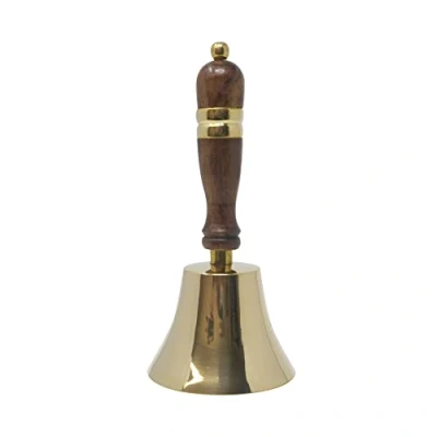 Image of Traditional Brass Coloured School Library Hand Bell with Wooden Handle Dinner Reception Last Orders fire Christmas Service Ideal for Calling