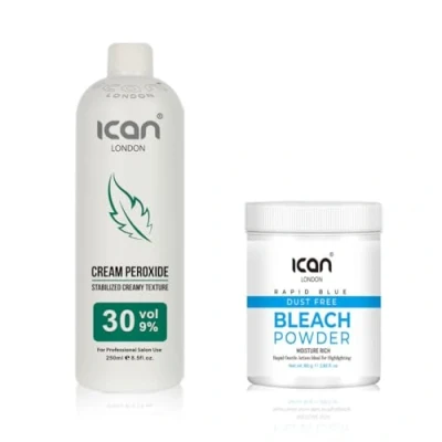 Image of ICAN LONDON PROFESSIONAL CREAM PEROXIDE 30 VOL 9% 250 ML + RAPID BLUE POWDER BLEACH (JAR)80 G SET