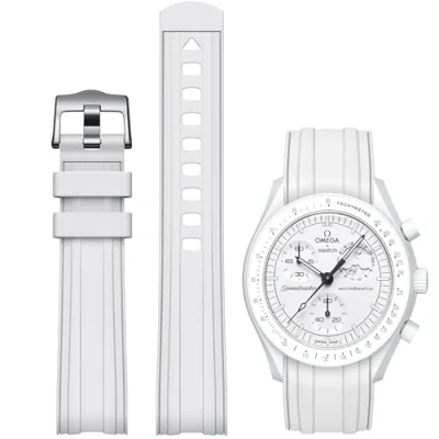 Image of REBANDACE strap for Omega x Swatch Moonswatch Watch 20mm,Soft Replacement Rubber Speedmaster,Curved No Gap Men Women (White)