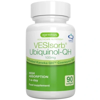 Image of VESIsorb Ubiquinol QH, Active Kaneka QH Ubiquinol, 90 Softgels, Fast Acting Water Soluble Coenzyme Q10 100 mg, CoQ10 Supplement for Energy, 3 Months Supply, by Igennus
