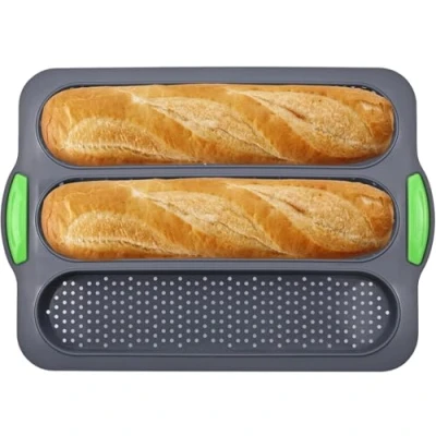 Image of DtosbvOQ Silicone Baguette Mould, Non Stick Baking Tray, Loaf Bread Long Three Slot Mould for
