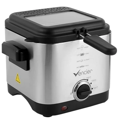 Image of Vencier Deep Fat Fryer Premium Stainless Steel 1.5L Electric with Adjustable Temperature Control, Viewing Window, Non Stick Removable Basket for Easy Cleaning, Indicator Lights &amp; Slip Feet