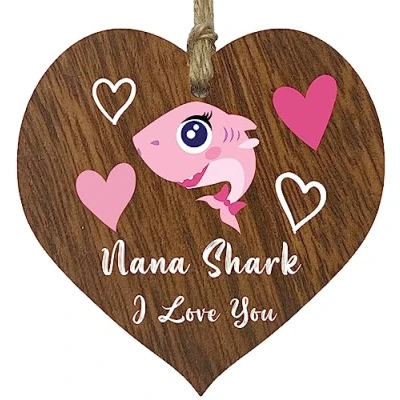 Image of Nana Shark Dark Wooden Heart Sign Plaque, Best Gifts From Grand Daughter, Presents For Nanna, Gift Nana, Nanny Gifts,
