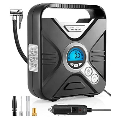 Image of WindGallop Car Tyre Pump Inflator Air Compressor 12V Electric for Tyres Bike with Digital Pressure Gauge and Valve Adaptors LED Light (Silver)