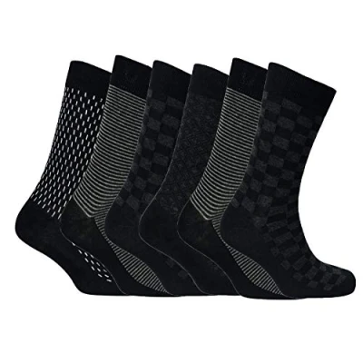 Image of Sock Stack 6 Pack Mens Socks Luxury Cotton Rich Smart Breathable Designer Stripe Argyle Plain Black Casual Wear UK 11, Milan