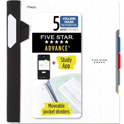 Image of Five Star Spiral Notebook + Study App, 5 Subject, College Ruled Paper, Advance with Guard, Movable Tabbed Dividers and Expanding Pockets, 8 1/2&quot; x 11&quot;, 200 Sheets, White (73154)