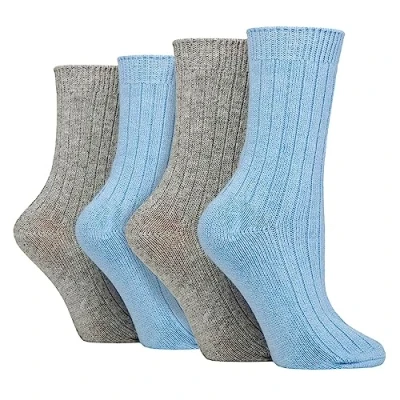 Image of WILDFEET 4 Pack Ladies Cashmere Boot Socks Breathable Ribbed Crew Wool Bed for Women (4 8, Blue/grey)
