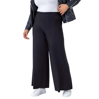 Image of Roman Originals Wide Leg Trousers for Women UK Ladies Palazzo Pants Evening Jersey Elasticated High Waist Smart Flared Culotte Office Work Going Out Loose Crepe Bottoms Plus Black Size 22