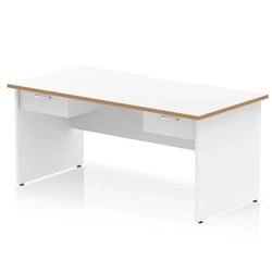Image of Oslo 1600 x 800mm Edge Office Desk White Top Natural Wood Panel End Leg Workstation 2 1 Drawer Fixed Pedestal
