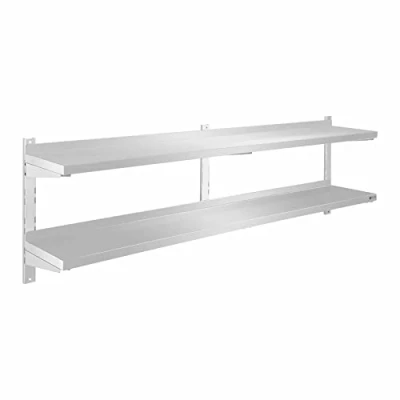 Image of Royal Catering Double Floating Shelf Kitchen Wall Shelves 2 Tier RCWR 180.2 (2 Height adjustable storage areas, 180 cm long, mounting, Stainless steel)