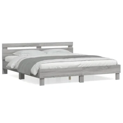 Image of vidaXL Super King Sonoma Grey Bed Frame Engineered Wood with Sturdy Slats &amp; Comfort Headboard, 203x185 cm