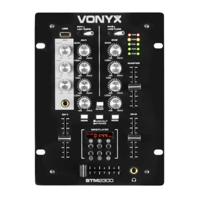 Image of Skytec Vonyx STM 2300 DJ Mixer 2 Channel with Bluetooth, USB, MP3, 3 Band EQ for Live, Line Mixing Professional Audio Music Disco, PA, and Party Events, Bluetooth