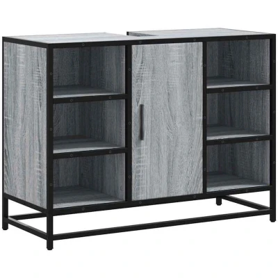 Image of vidaXL Grey Sonoma Bathroom Sink Cabinet Engineered Wood/Metal Frame 80x33x60cm Ample Storage &amp; Retro Industrial Style