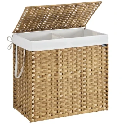 Image of SONGMICS Laundry Basket, 160 L Synthetic Rattan Storage Basket with Lid and Handles, Wicker, Foldable, Removable Liners, for Blankets, Clothes, Living Room, Natural Colour LCB216Y01